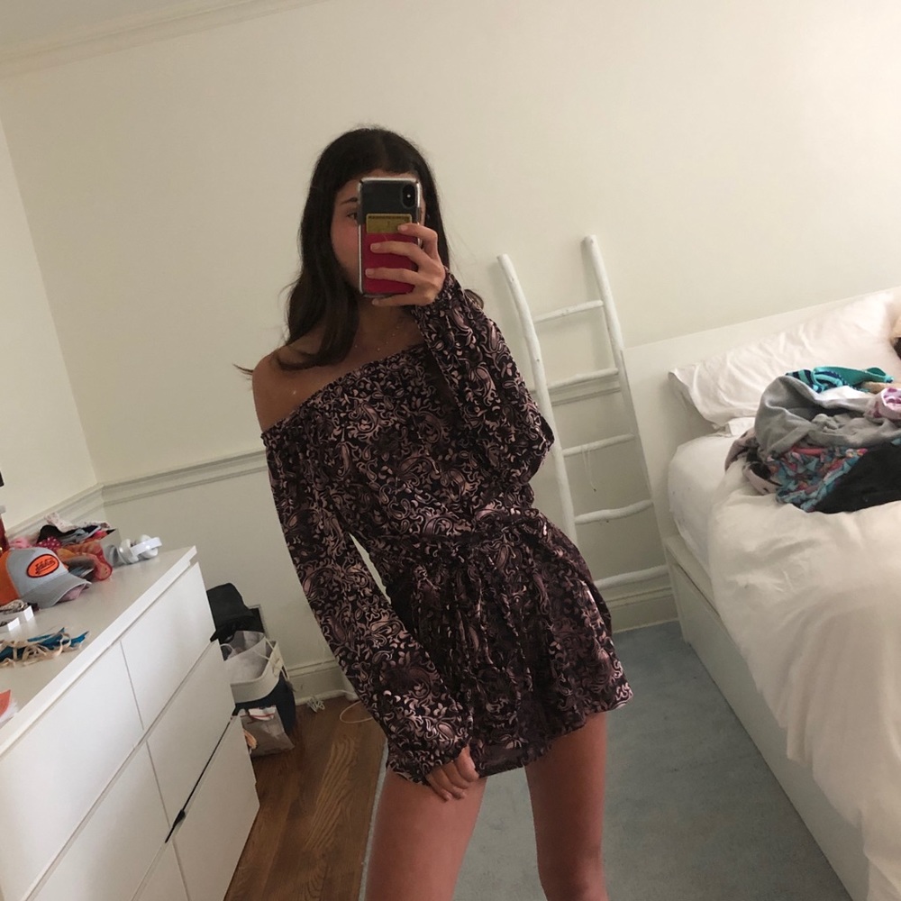 Pink and black floral suede romper!